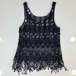 🔥3 for $21-Chic Black Crochet Fringe Tank Top - Size S / M - Boho - Whimsigoth